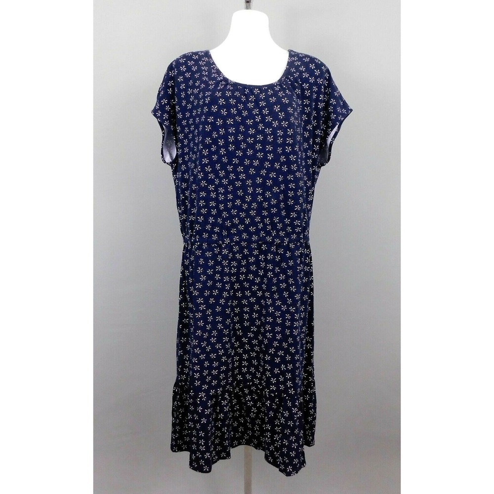 Denim & Co. Floral Print Dress, Ruffle Detail, Navy Blue,‎ 1X